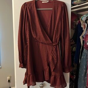 Brick red long sleeve wrap dress